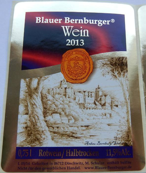 Blauer Bernburger Wei&szlig;herbst Etikett 2013 Halbtrocken